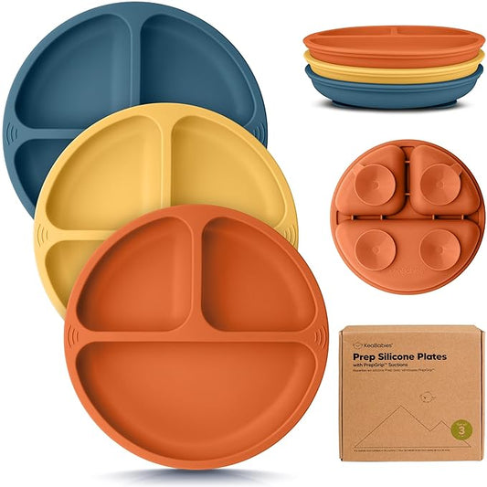 KeaBabies Suction Plates for Baby, Toddler - 3-Pack 100% Silicone Toddler Plates, Divided Baby Plates with Suction, Silicone Plates for Baby, Kids, BPA-Free, Microwave, Dishwasher Safe (Valiant)