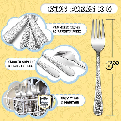 E-far Stainless Steel Kids Forks, 6-Piece Toddlers Forks Safe for Preschooler/Children, Hammered Adult look & Small Size, Rust Free & Dishwasher Safe
