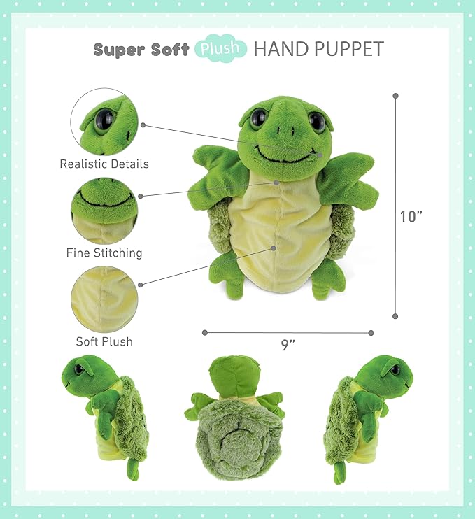 DolliBu Sea Turtle Hand Puppet - Super Soft Stuffed Animal Hand Puppets for Kids, Educational Hand Puppet Plush Toy for Kids and Adults 10 Inch