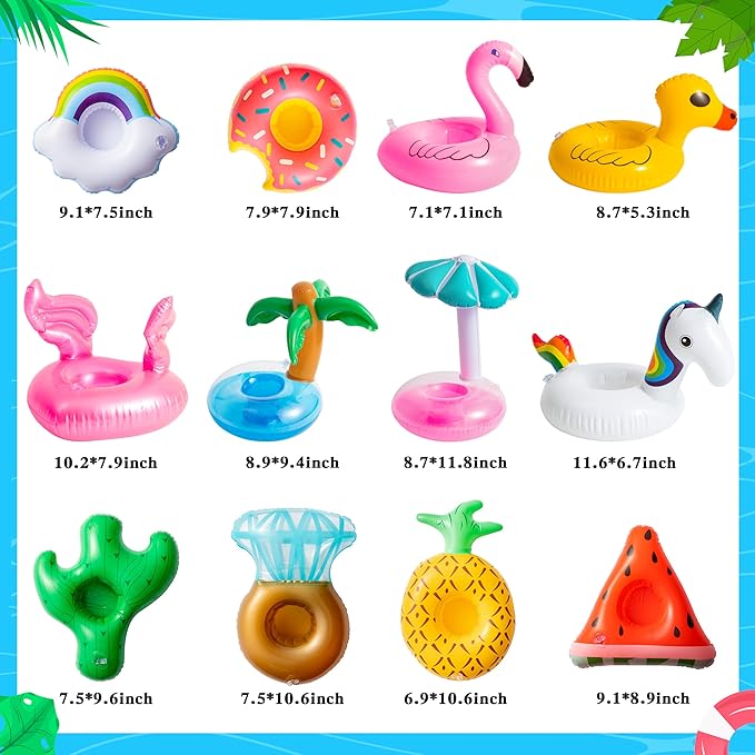 JAPBOR 12Pack Girl Dolls Swim Accessories, Swimming Pool Floaties Inflatable Drink Holder Set