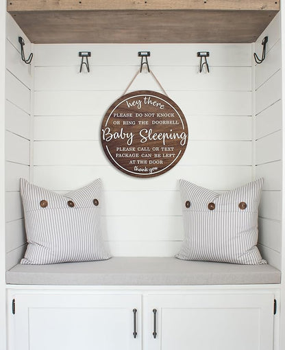 OLMIXA Baby Sleeping Wooden Sign (12x12 inch), Do Not Knock or Ring Door Knob Sign for Front Door