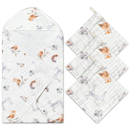 Zainpe 4Pcs Muslin Baby Hooded Towel & Washcloth Set Owl 31.5 x 31.5 in