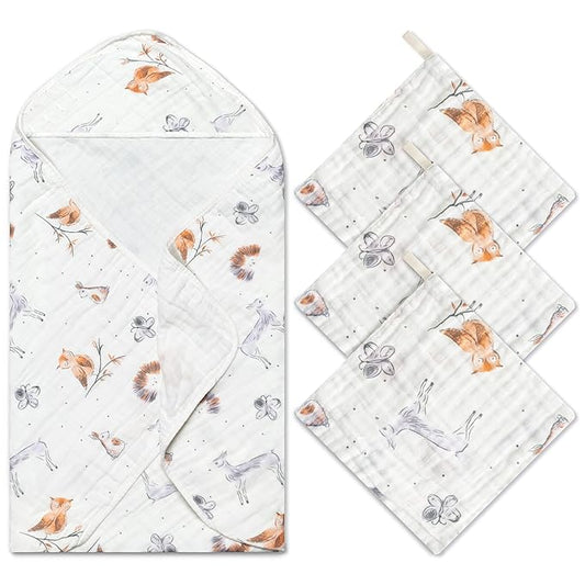 Zainpe 4Pcs Muslin Baby Hooded Towel & Washcloth Set Owl 31.5 x 31.5 in