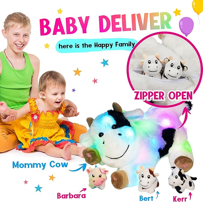 Hopearl LED Musical Stuffed Cow Lighting Up Singing Plush Toy 3 Baby 15''