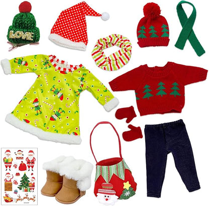 UNICORN ELEMENT 2 Sets Christmas Doll Clothes and Accessories Fit 18 Inch Girl Doll Christmas Santa Costume Including Christmas Dress, Sweater, Hairpin, Hat, Scarf, Boots, etc