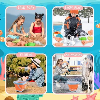 Collapsible Beach Sand Toys for Toddler Sand Toys for Kids 2 Packs Foldable Buckets with Sand Molds,Shovels for Beach 3 4 5 6 7 8+