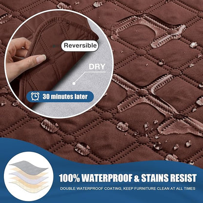 TAOCOCO 100% Waterproof Recliner Covers, Recliner Sofa Covers with Leg Straps, Reversible Recliner Couch Cover for Reclining Chair, Washable Couch Protector for Pets Kids(2 Seater, Coffee)