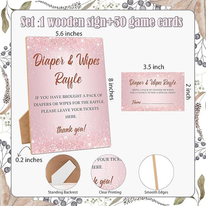 Diapers Wipes Raffle, Pink Diaper Raffle Tickets for Baby Shower 1 Wooden 50 Diaper