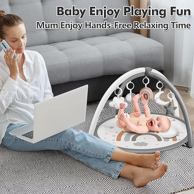 dearlomum Baby Play Gym Mat, Tummy Time Mat with 6 Detachable Toys for Stage-Based Sensory & Motor Skill All Development