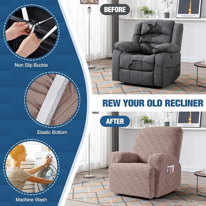TAOCOCO Recliner Cover 3 Pieces Recliner Chair Covers, Stretch Jacquard Reclining Chair Cover, Furniture Protector Sofa Slipcovers Couch Covers with Elastic Bottom for Kids, Pets (Khaki)