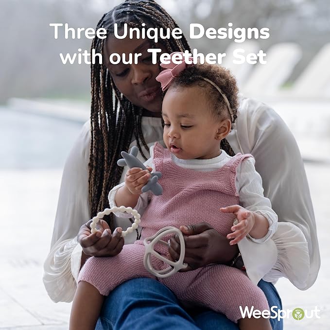 WeeSprout Handheld Teether Set (Matte Dark Gray, Blue & Green)