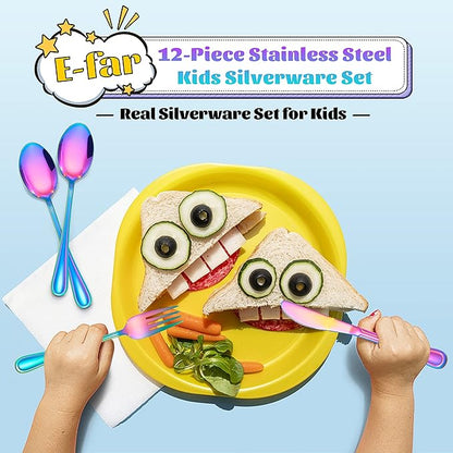 E-far 12-Piece Rainbow Kids Silverware, Stainless Steel Toddler Kids Utensils Safe for Preschooler/Children, Includes 4 Forks 4 Spoons 4 Knife, Slimline Look & Small Size, Rust Free