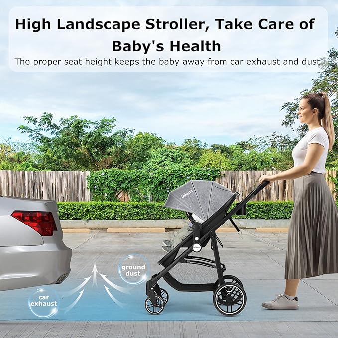 INFANS 2 in 1 Baby Stroller, High Landscape Infant Stroller & Reversible Bassinet Pram, Foldable Pushchair with Adjustable Canopy, Cup Holder, Storage Basket, Suspension Wheels (Grey)