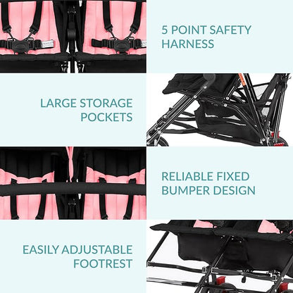 Dream On Me Volgo Twin Umbrella Stroller in Pink, Lightweight Double Stroller for Infant & Toddler, Compact Easy Fold, Large Storage Basket, Large and Adjustable Canopy