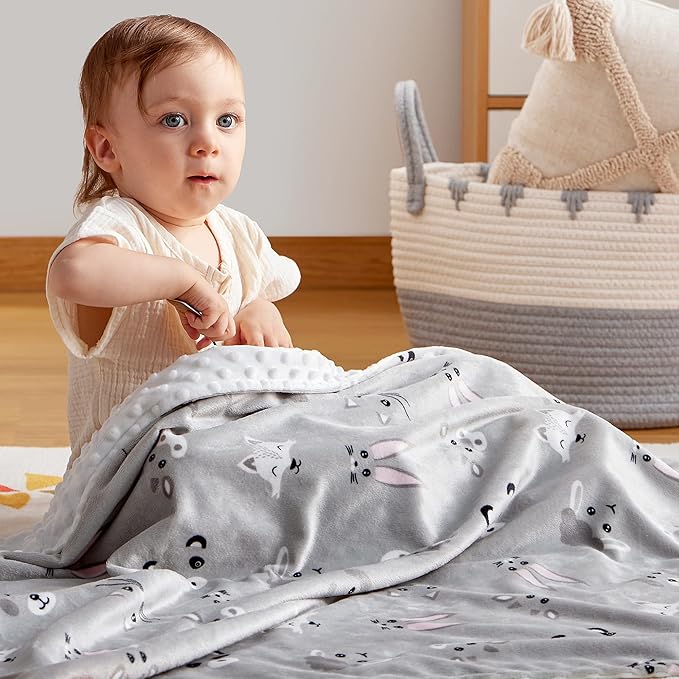 DaysU Silky Micro Soft Plush Baby Blankets Unisex with Print Animal Pattern and Soothing Raised Dots, Double Layer Bed Throws for Toddler Cot 50x60 Inches