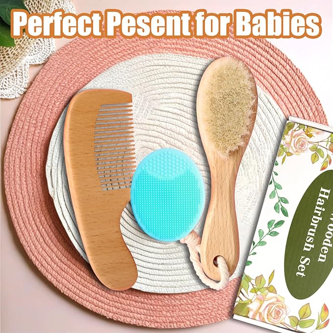 Wooden Baby Hair Brush and Comb Set, 3Pcs Natural Soft Goat Bristles Brush Cradle Cap Comb Baby Shower Scrubber Perfect Scalp Grooming Product for Newborns, Toddlers, Infant (Green)