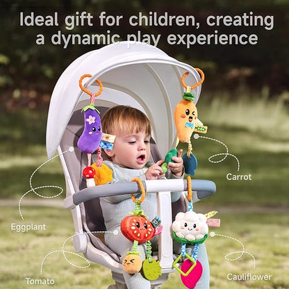 TUMAMA Hanging Vegetable Plush Toy Set, 4 Different Vegetable Crib Stroller Toys, Early Baby Cognitive Sensory Rattle Hanging Toy with Teether. Suitable for Babies 0, 3, 6, 9, 12 Months