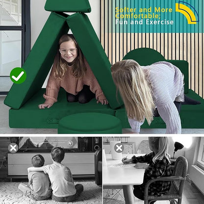 MeMoreCool 8-Piece Modular Kids Play Couch – Green Convertible Foam Toddler Sofa for Playroom, Fold-Out Baby Couch Play Set