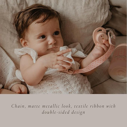 Suavinex Bonhomia Premium Baby Pacifier Clip with Ribbon, Stylish Binky Clips with Double Sided Design (0mo+), Beige