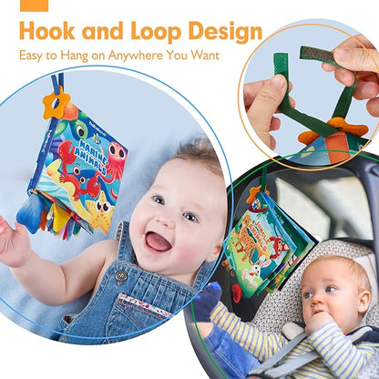 hahaland Baby Books 0-6 Months - 2 PCS Sensory Montessori Toys for Babies 0-6 Months with Crinkle Squeaky Sounds, Mirrors