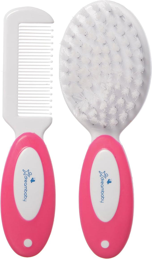 Dreambaby Deluxe Super Soft Bristles Brush and Comb Set - with Easy-Grip Toddler Size Handle - Pink - Model L328