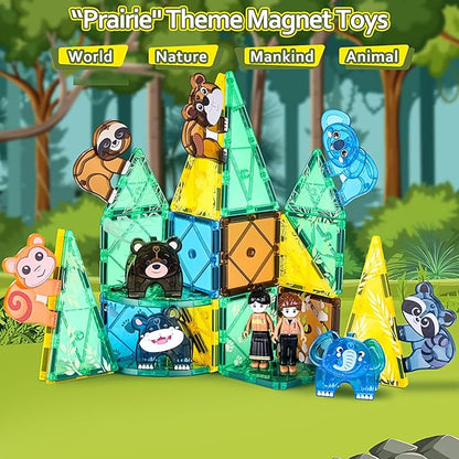 Magnetic Tiles Set, Magnet Blocks Building Toys, Safari Animals Magnetictile for Toddler 3-5, Assembly 3D Structure Jungle & Forest Theme, STEM Learning Toy for Kids Girls,Boys Age 3 4 5 6 7