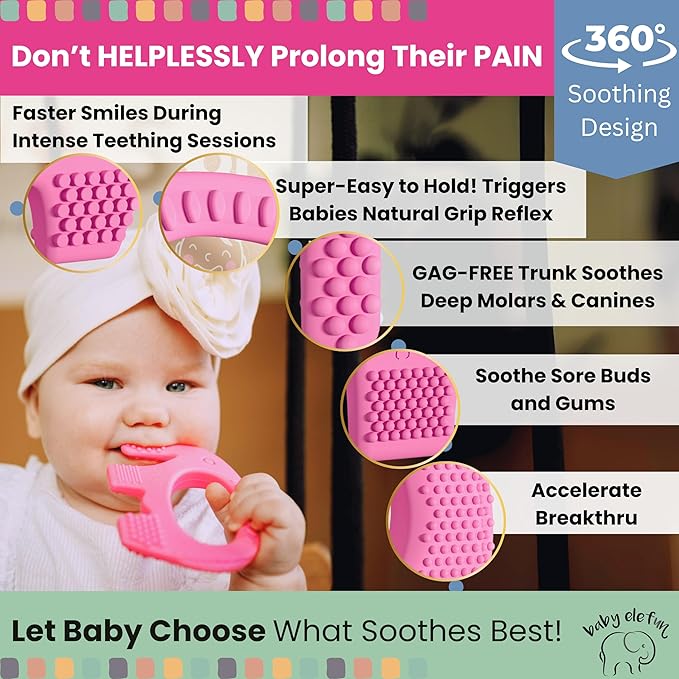 Teethers for Babies 6-12 Months - Baby Elefun 5x Pain Relief Toddler Teether. No More Ouch for Mom Anti Bite Trainer. Nurtures Grasping, Passing