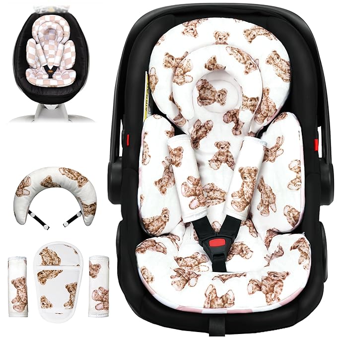 Infant Car Seat Insert with Extra Cushion for Preemie to Infants, Reversible Newborn Carseat Insert Head Support, Fits for Stroller, Baby Swing, Rocker, Bassinets, Pushchair (Teddy Bear)