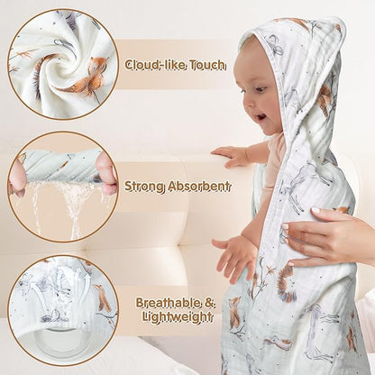 Zainpe 4Pcs Muslin Baby Hooded Towel & Washcloth Set Owl 31.5 x 31.5 in