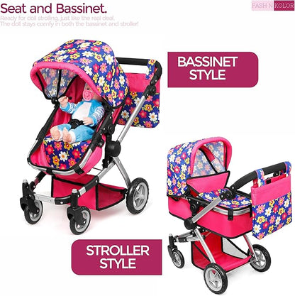 Fash N Kolor | Foldable Pram for Baby Doll with Flower Design with Swiveling Wheel Adjustable Handle Bassinet Stroller with Baby Doll, Convertible Seat