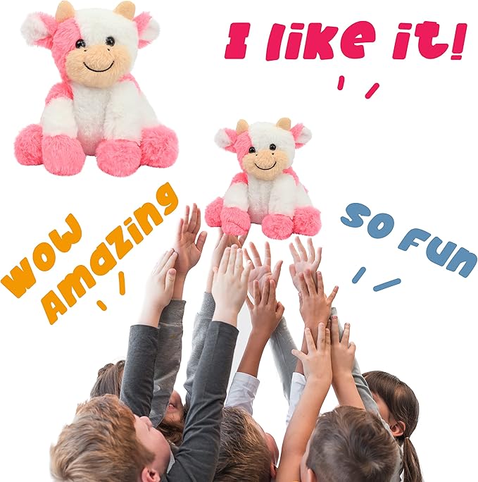 Hopearl Adorable Plush Cow Toy Floppy Dairy Cattle Soft Stuffed Animal Cute Birthday for Boys Girls Kids Toddlers, Strawberry Pink 9''
