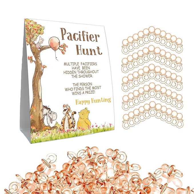 Winnie Pacifier Hunt Sign for Baby Shower Game, Mini Pacifiers Baby Shower Games Set 50Pcs Brown 8 * 10IN