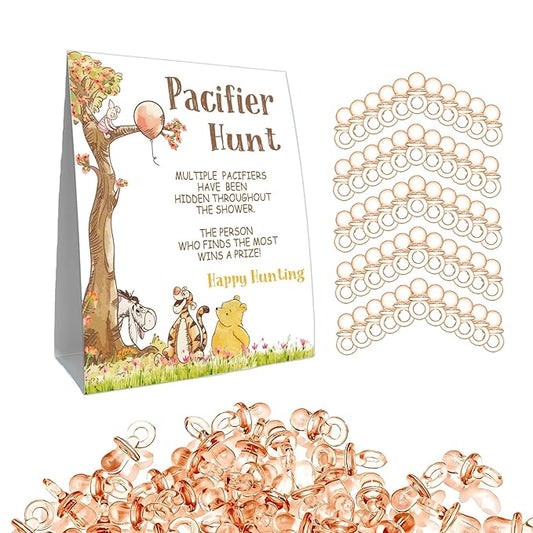 Winnie Pacifier Hunt Sign for Baby Shower Game, Mini Pacifiers Baby Shower Games Set 50Pcs Brown 8 * 10IN