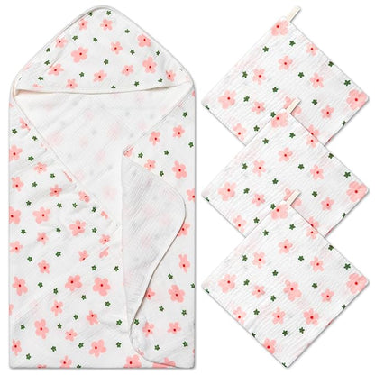 Zainpe 4Pcs Muslin Baby Hooded Towel & Washcloth Set Floral 31.5 x 31.5 in