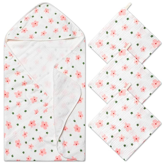 Zainpe 4Pcs Muslin Baby Hooded Towel & Washcloth Set Floral 31.5 x 31.5 in