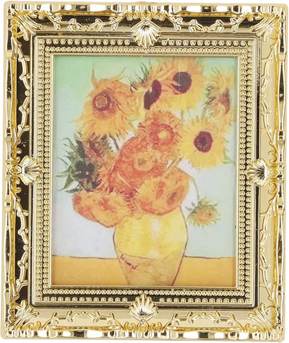 CHICIRIS Miniatures Art Painting, Gold Frame Miniatures Oil Painting Beautiful for Kids for Dollhouse Decoration (Sunflower Shape)