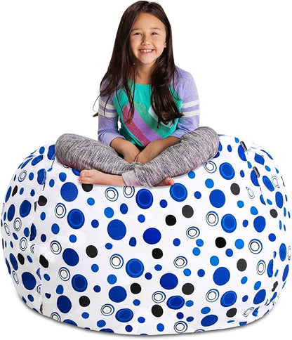 Posh Stuffable Kids Stuffed Animal Storage Bean Bag Chair Cover - Childrens Toy Organizer, X-Large 48" - Canvas Bubbles Blue and White