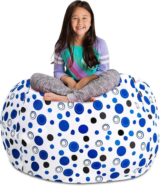 Posh Stuffable Kids Stuffed Animal Storage Bean Bag Chair Cover - Childrens Toy Organizer, X-Large 48" - Canvas Bubbles Blue and White