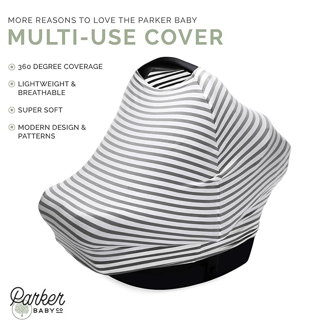 Parker Baby 4 in 1 Car Seat Cover for Boys - Stretchy Carseat Canopy, Nursing Cover, Grocery Cart Cover, High Chair Cover - Navy/White Stripes