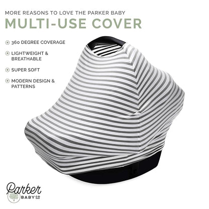Parker Baby 4 in 1 Car Seat Cover for Boys - Stretchy Carseat Canopy, Nursing Cover, Grocery Cart Cover, High Chair Cover - Navy/White Stripes