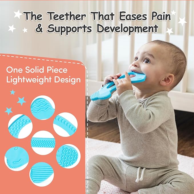 Baby’s Aid Dolphin Silicone Baby Teether, Easy to Hold Teething Toy for Pain Relief 3+ Months, 8X Teething