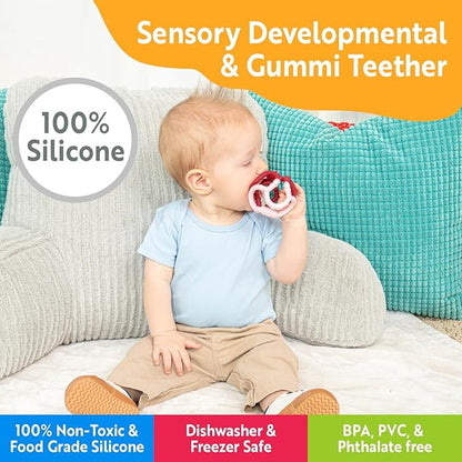 OgoBolli Gummi Teether Ring Textured Sensory Ball Toy for Babies & Toddlers - Stretchy, Soft Non-Toxic Silicone 6+ Months