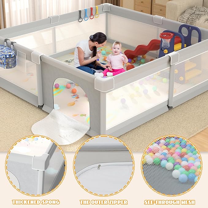 LUTIKIANG 79" x 71" Baby Playpen with Upgrade Mat, Portable Play Yard for Babies and Toddlers, Extra Large Baby Gate Playpen, Play Pin, Fence Area, Includes Ocean Balls, Pulling Rings
