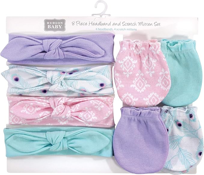 Hudson Baby Baby Girls' Cotton Headband and Scratch Mitten Set