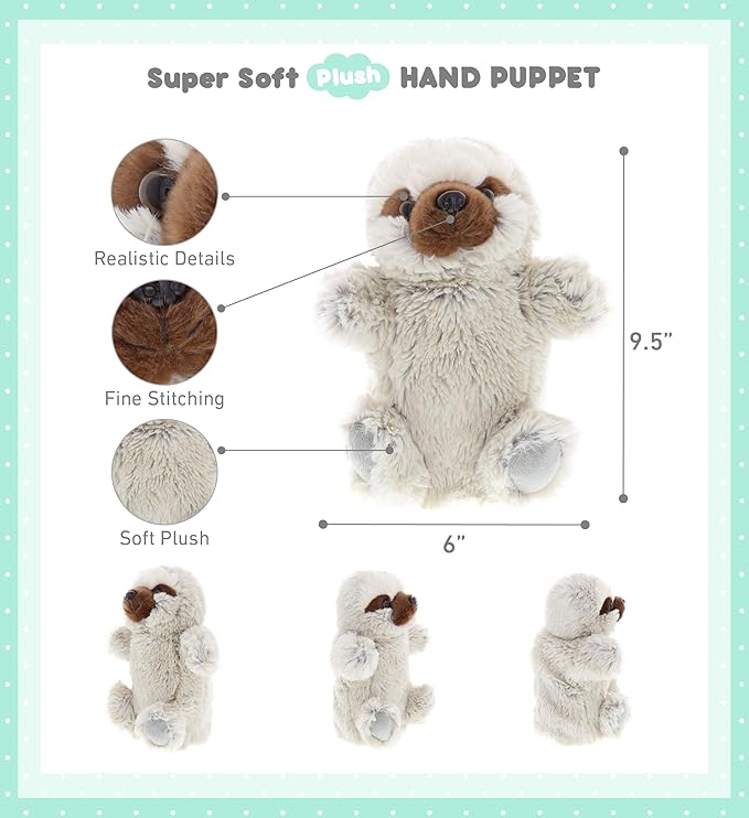DolliBu Sloth Plush Hand Puppet For Kids - Soft Plush