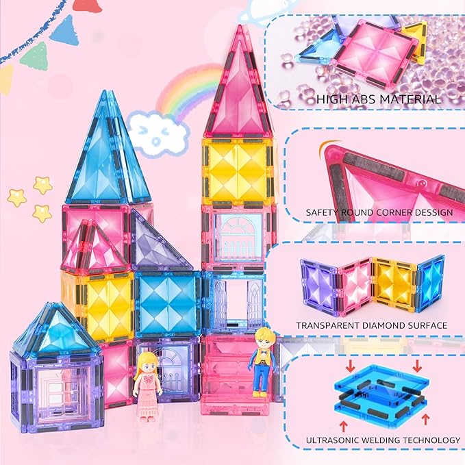 Princess Magnetic Tile Castle 3D Building Block Set - Sensory STEM Educational Building Toddler Kids Toys - Pink Magnetic Building Block with Doll Girl Birthday Gift for 3 4 5 6 7 8 Years Old