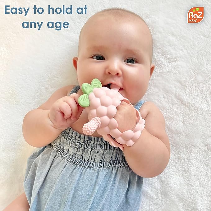 RaZbaby RaZberry Grip Silicone Teether Toy for 3M+ | Drop Resistant Hand Held Teether for Babies and Infants - Designed by Nature with Our Patented BerryBumps Multitextured Design 3M+, Red