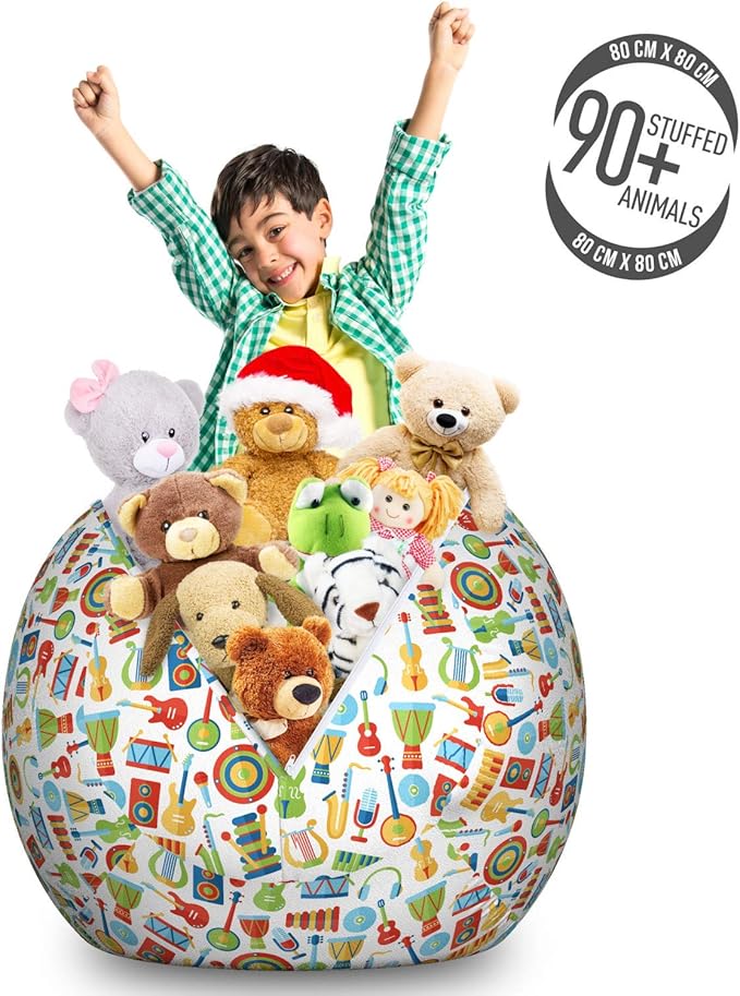 Lunarable Musical Storage Toy Bag Chair, Minimalist Flat Design of Lyre Harp Cymbal Xylophone Violin and Percussion Drums, Stuffed Animal Organizer Washable Bag, Large Size, Multicolor