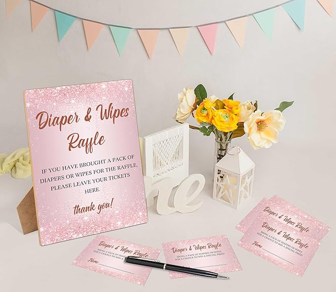 Diapers Wipes Raffle, Pink Diaper Raffle Tickets for Baby Shower 1 Wooden 50 Diaper