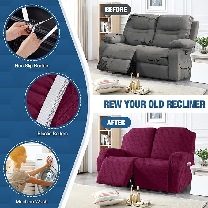 TAOCOCO Recliner Loveseat Cover, Stretch Jacquard Reclining Loveseat Cover Furniture Protector Sofa Slipcovers 2 Seat Recliner Covers with Elastic Bottom for Kids, Pets (Burgundy)